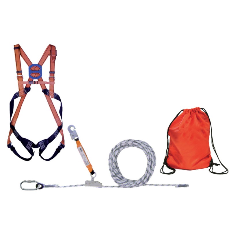 Kit harnais antichute Toiture/Terrasse + 1 stop chute sur corde de 10m + 1 absorbeur d'énergie + 1 sac de transport